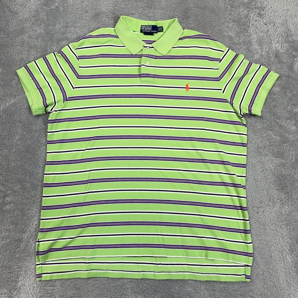 Polo By Ralph Lauren Polo Shirt Mens 2XL Green Striped Short Sleeve Custom Fit